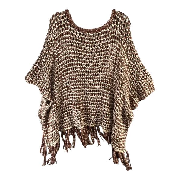 Willow & Clay Poncho M Brown Open Crochet Knit Fringe Oversized Boho Chunky Cozy - Picture 7 of 14